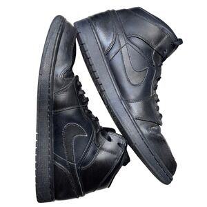 Nike Air Jordan 1 Mid Triple Black Textured Leather Sneakers 554724-010 Mens 13